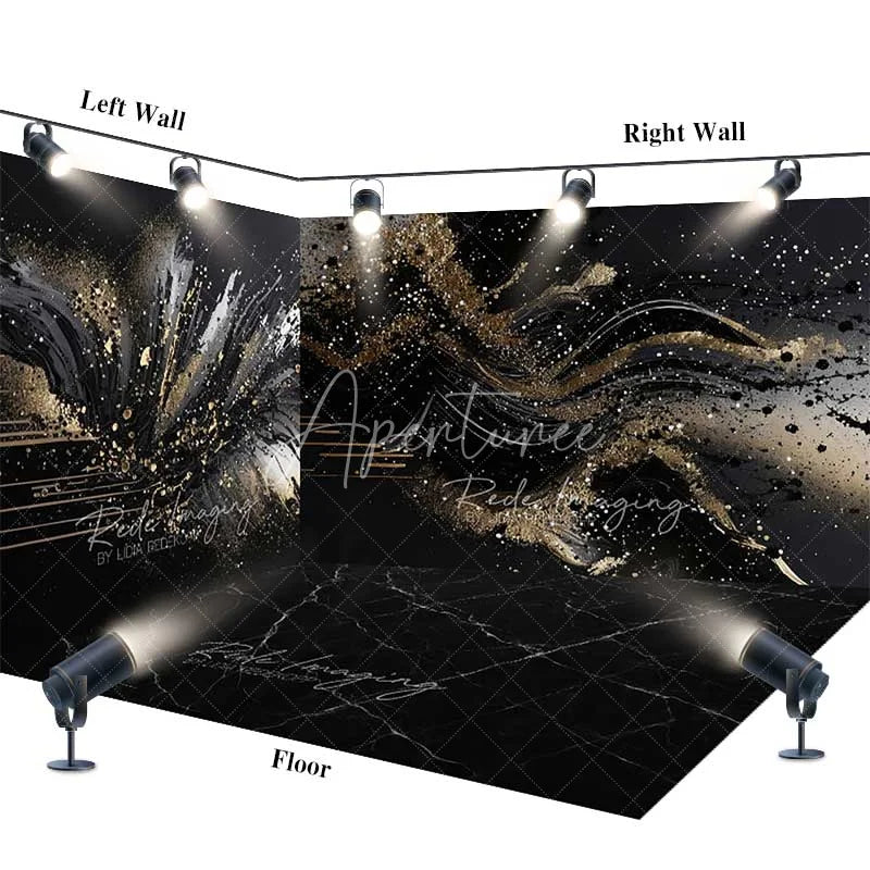 Aperturee - Aperturee Black Gold Abstract Room Set Backdrop Redefining Luxury Splatter Swirl Design Modern Photography Event