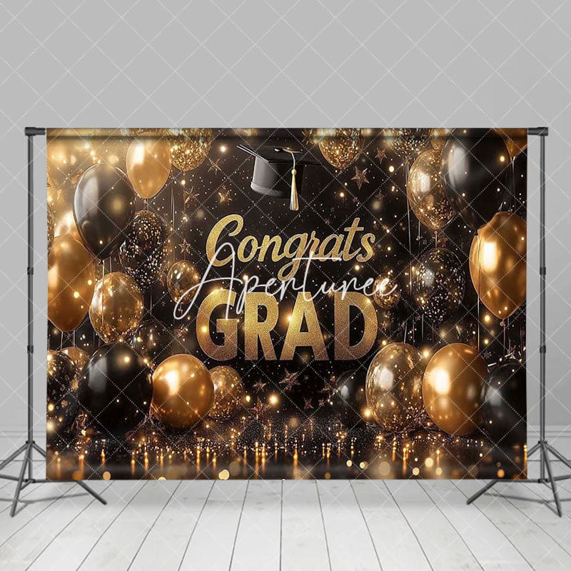 Aperturee - Aperturee Black Gold Balloon Bachelor Cap Congrats Grad Backdrop