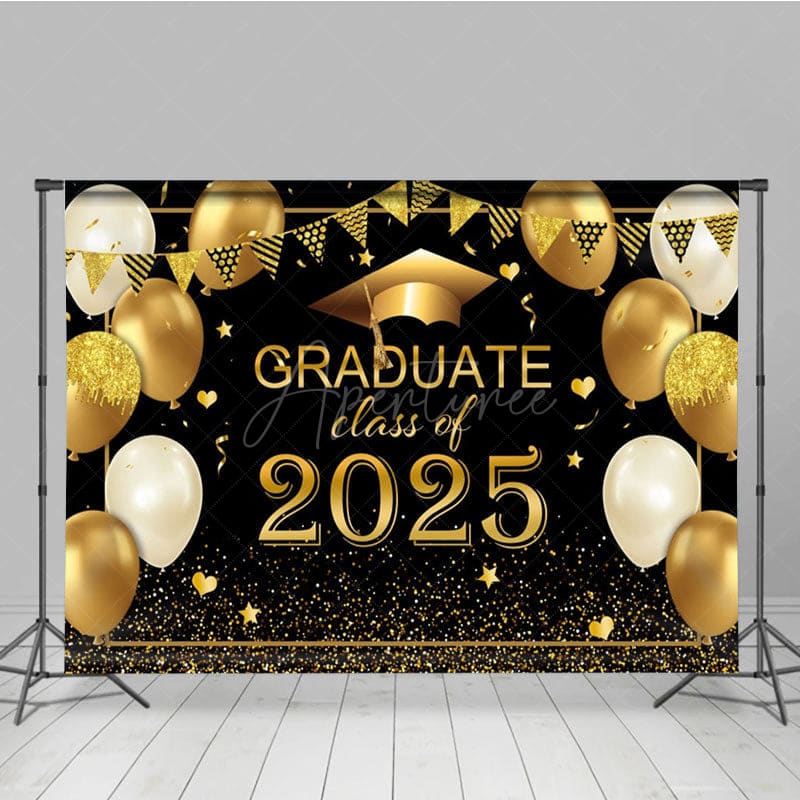 Aperturee - Aperturee Black Gold Balloon Glitter Cheers Graduation Backdrop