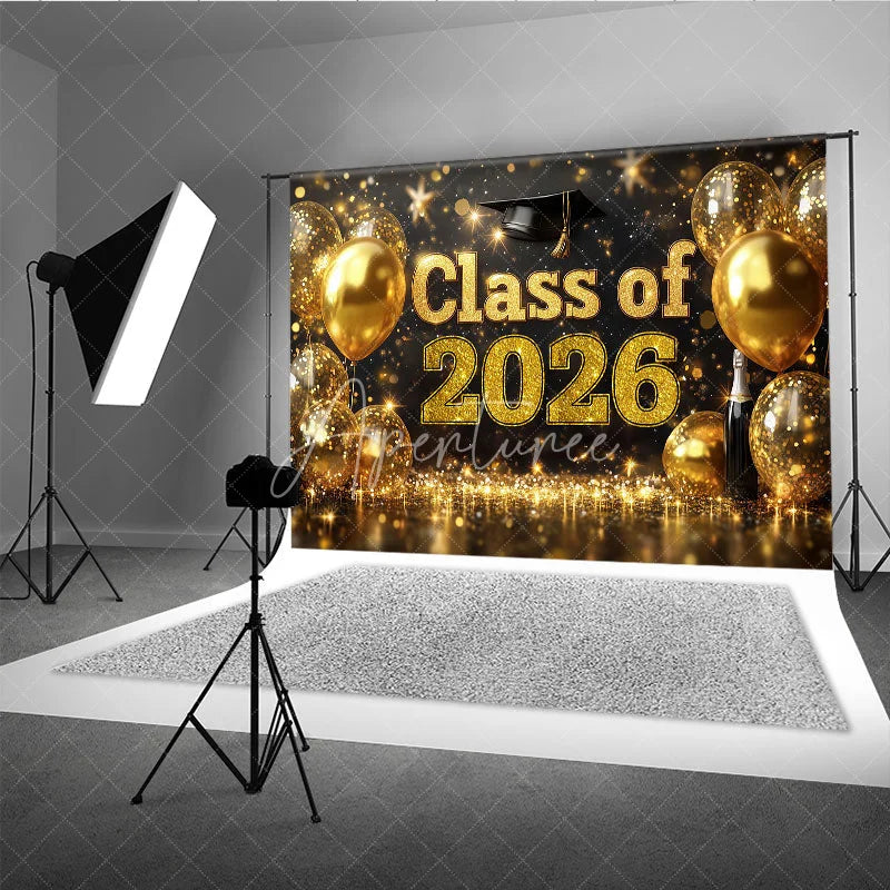 Aperturee - Aperturee Black Gold Balloons Bokeh Class of 2026 Grad Backdrop