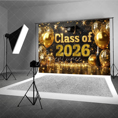 Aperturee - Aperturee Black Gold Balloons Bokeh Class of 2026 Grad Backdrop