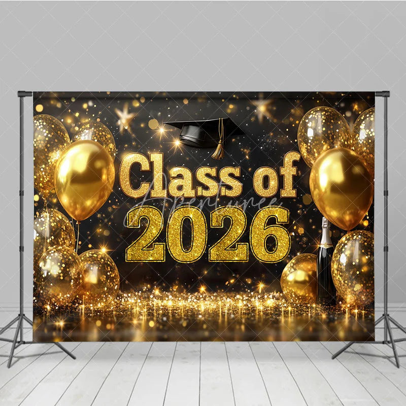 Aperturee - Aperturee Black Gold Balloons Bokeh Class of 2026 Grad Backdrop
