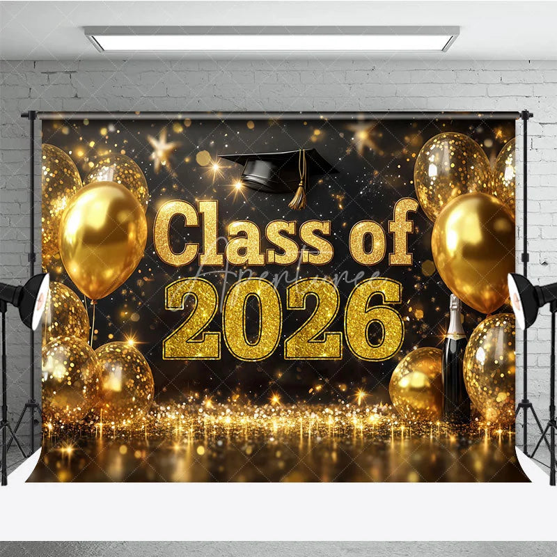 Aperturee - Aperturee Black Gold Balloons Bokeh Class of 2026 Grad Backdrop