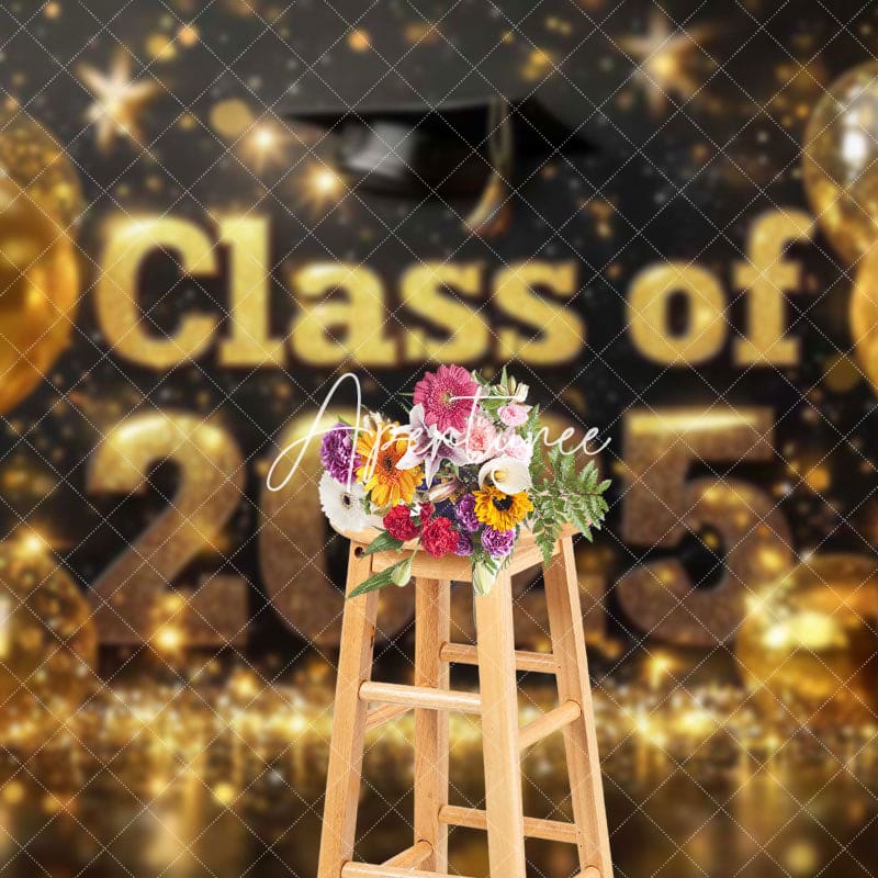 Aperturee - Aperturee Black Gold Balloons Bokeh Class of 2025 Grad Backdrop