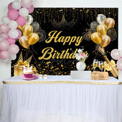 Aperturee - Aperturee Black Gold Balloons Champagne Happy Birthday Backdrop
