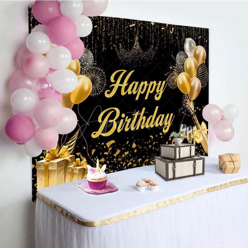 Aperturee - Aperturee Black Gold Balloons Champagne Happy Birthday Backdrop