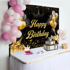 Aperturee - Aperturee Black Gold Balloons Champagne Happy Birthday Backdrop