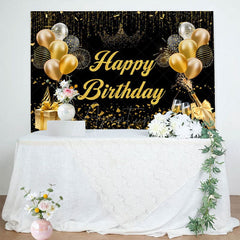 Aperturee - Aperturee Black Gold Balloons Champagne Happy Birthday Backdrop
