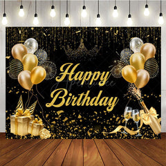 Aperturee - Aperturee Black Gold Balloons Champagne Happy Birthday Backdrop