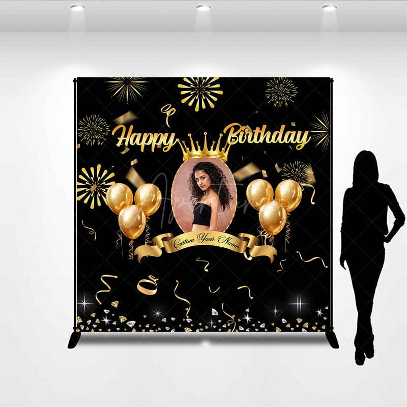 Aperturee - Aperturee Black Gold Balloons Custom Photo Birthday Backdrop