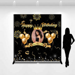 Aperturee - Aperturee Black Gold Balloons Custom Photo Birthday Backdrop