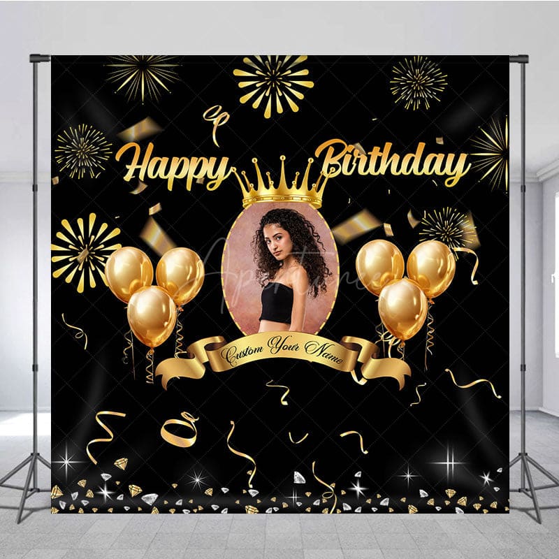 Aperturee - Aperturee Black Gold Balloons Custom Photo Birthday Backdrop