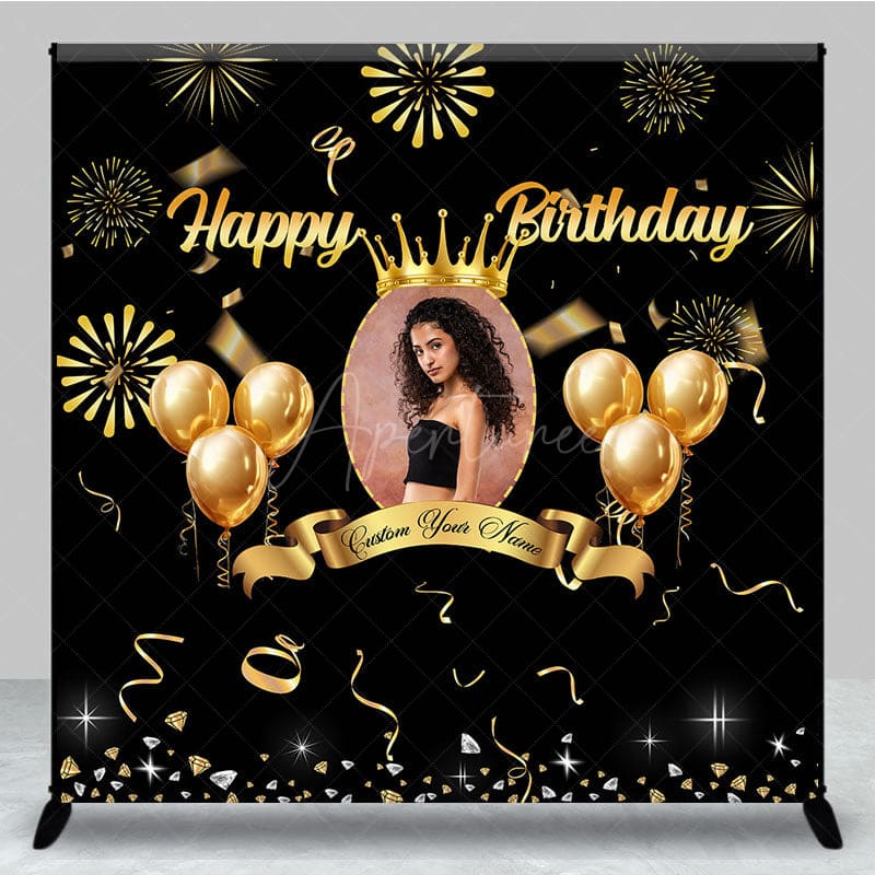 Aperturee - Aperturee Black Gold Balloons Custom Photo Birthday Backdrop