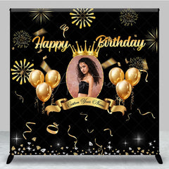 Aperturee - Aperturee Black Gold Balloons Custom Photo Birthday Backdrop