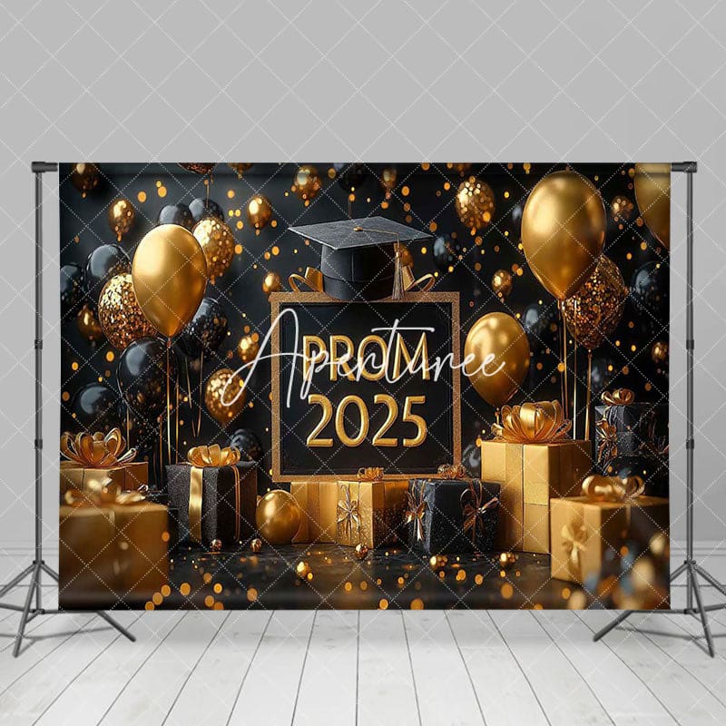 Aperturee - Aperturee Black Gold Balloons Gifts Bokeh Prom 2025 Backdrop