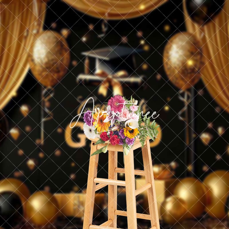 Aperturee - Aperturee Black Gold Balloons Gifts Congrats Grad Backdrop