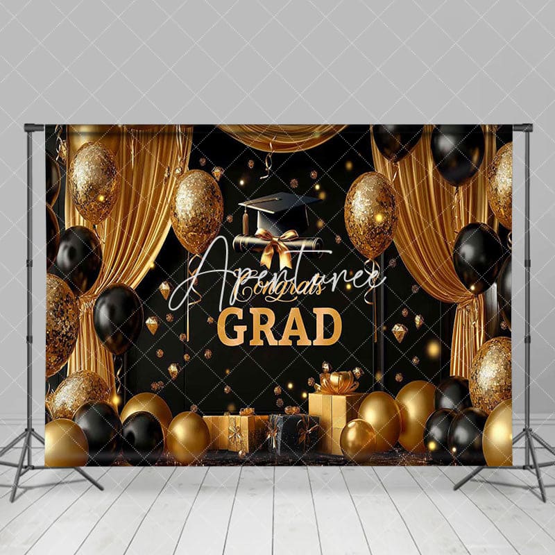 Aperturee - Aperturee Black Gold Balloons Gifts Congrats Grad Backdrop