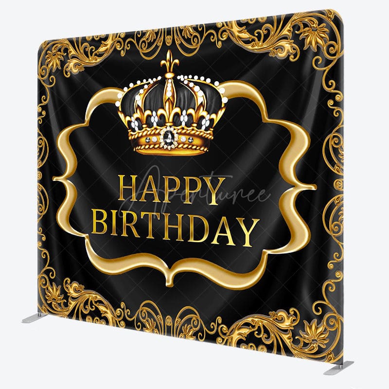 Aperturee - Aperturee Black Gold Crown Birthday Square Tension Backdrop