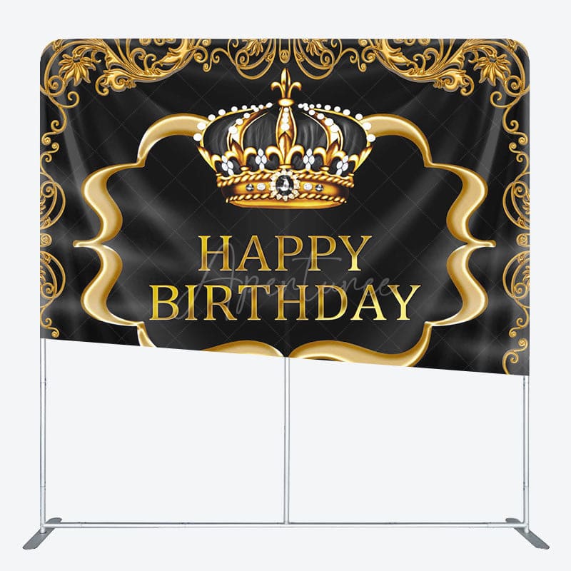 Aperturee - Aperturee Black Gold Crown Birthday Square Tension Backdrop