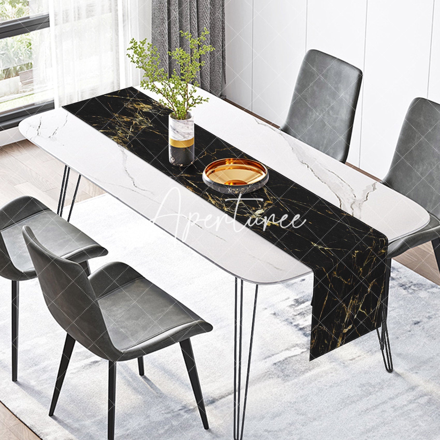 Aperturee - Aperturee Black Gold Gilt Abstarct Marble Texture Table Runner