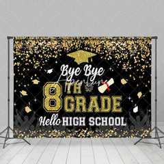 Aperturee - Aperturee Black Gold Glitter Bye 8th Grade Graduation Backdrop