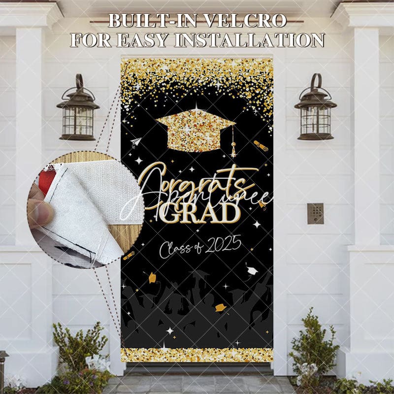 Aperturee - Aperturee Black Gold Glitter Congrats Class 2025 Grad Door Cover