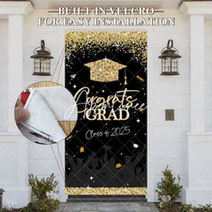 Aperturee - Aperturee Black Gold Glitter Congrats Class 2025 Grad Door Cover