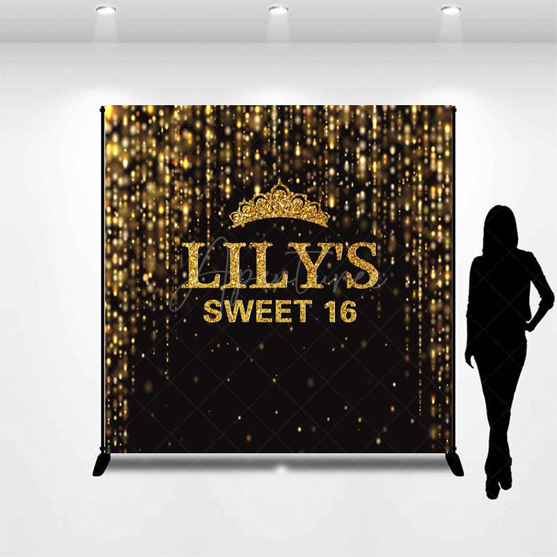 Aperturee - Aperturee Black Gold Glitter Crown Custom Sweet 16 Backdrop
