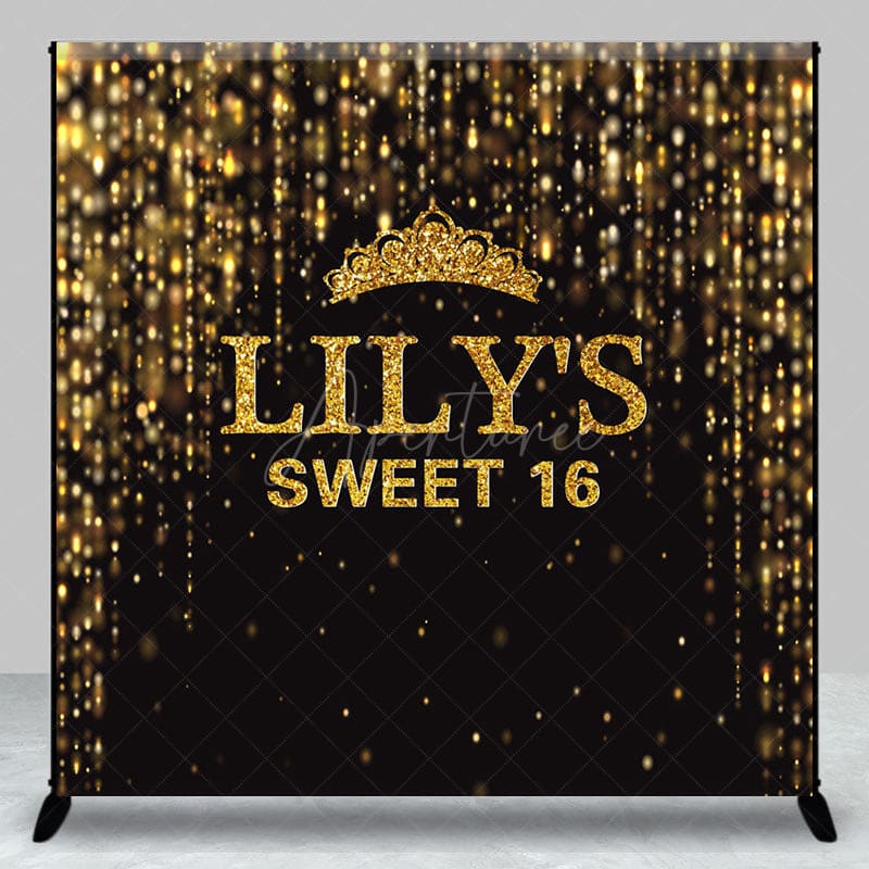 Aperturee - Aperturee Black Gold Glitter Crown Custom Sweet 16 Backdrop