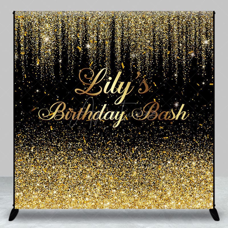 Aperturee - Aperturee Black Gold Glitter Custom Name Birthday Bash Backdrop
