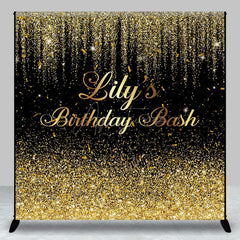 Aperturee - Aperturee Black Gold Glitter Custom Name Birthday Bash Backdrop