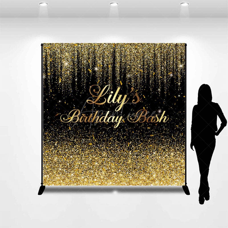 Aperturee - Aperturee Black Gold Glitter Custom Name Birthday Bash Backdrop