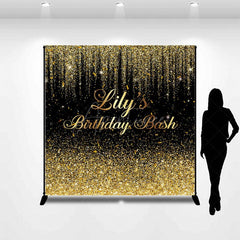Aperturee - Aperturee Black Gold Glitter Custom Name Birthday Bash Backdrop