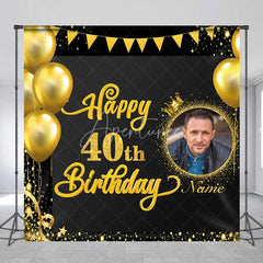 Aperturee - Aperturee Black Gold Glitter Happy 40th Birthday Custom Photo Backdrop with Balloons and Crown Personalized Name Party Decor
