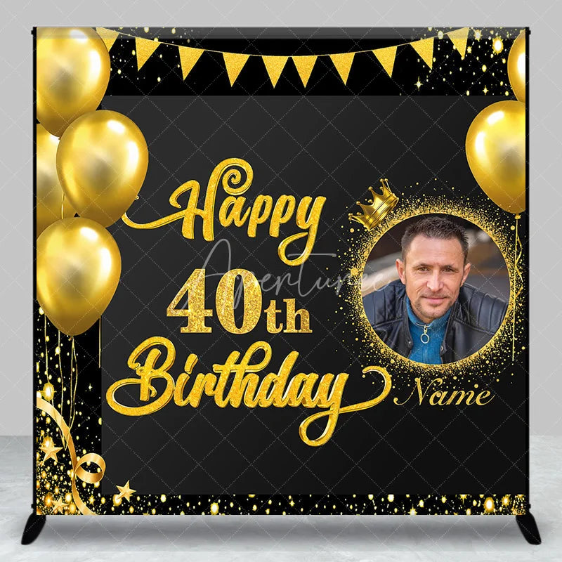 Aperturee - Aperturee Black Gold Glitter Happy 40th Birthday Custom Photo Backdrop with Balloons and Crown Personalized Name Party Decor