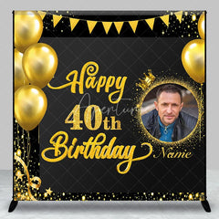Aperturee - Aperturee Black Gold Glitter Happy 40th Birthday Custom Photo Backdrop with Balloons and Crown Personalized Name Party Decor