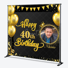 Aperturee - Aperturee Black Gold Glitter Happy 40th Birthday Custom Photo Backdrop with Balloons and Crown Personalized Name Party Decor