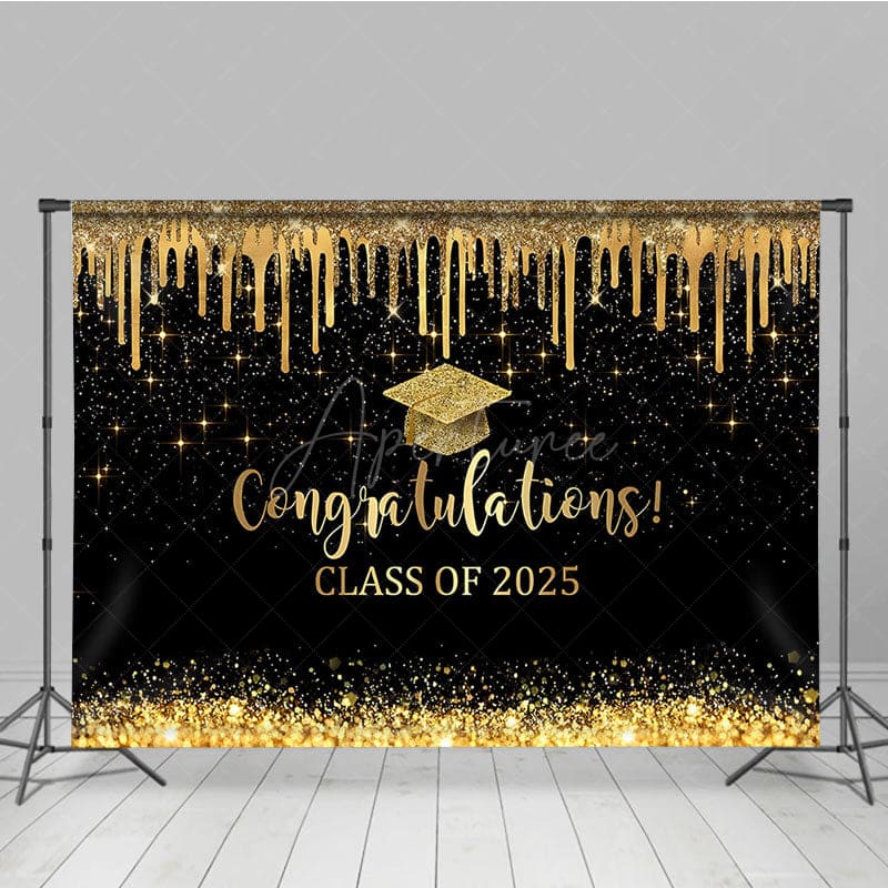 Aperturee - Aperturee Black Gold Glitter Map Congratulations Grad Backdrop