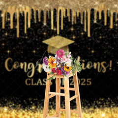 Aperturee - Aperturee Black Gold Glitter Map Congratulations Grad Backdrop