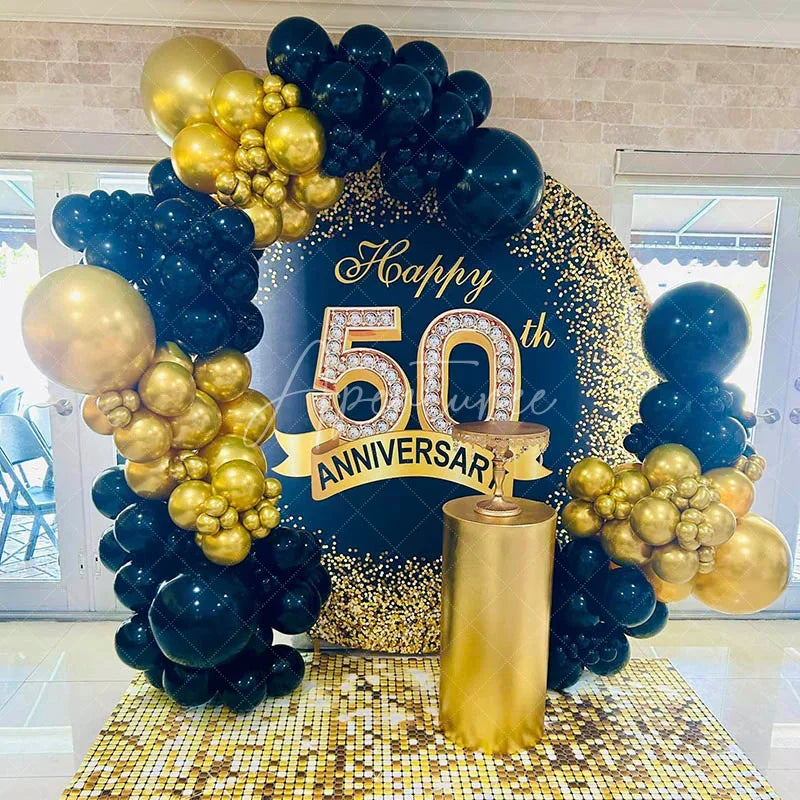 Aperturee - Aperturee Black Gold Glitter Round 50th Anniversary Backdrop