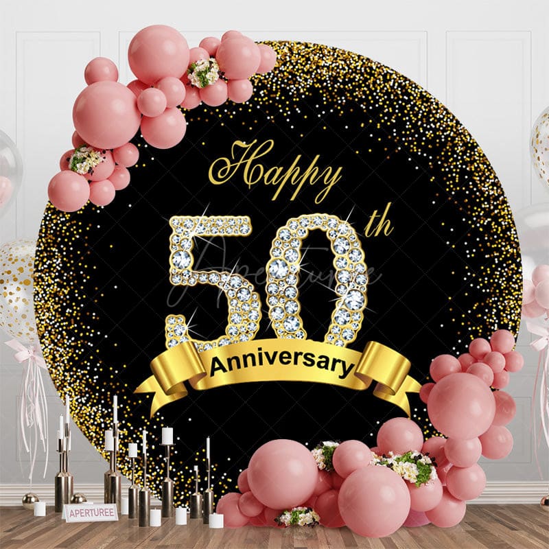 Aperturee - Aperturee Black Gold Glitter Round 50th Anniversary Backdrop