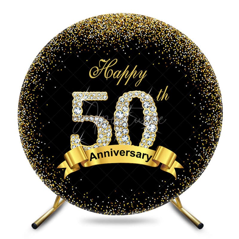 Aperturee - Aperturee Black Gold Glitter Round 50th Anniversary Backdrop