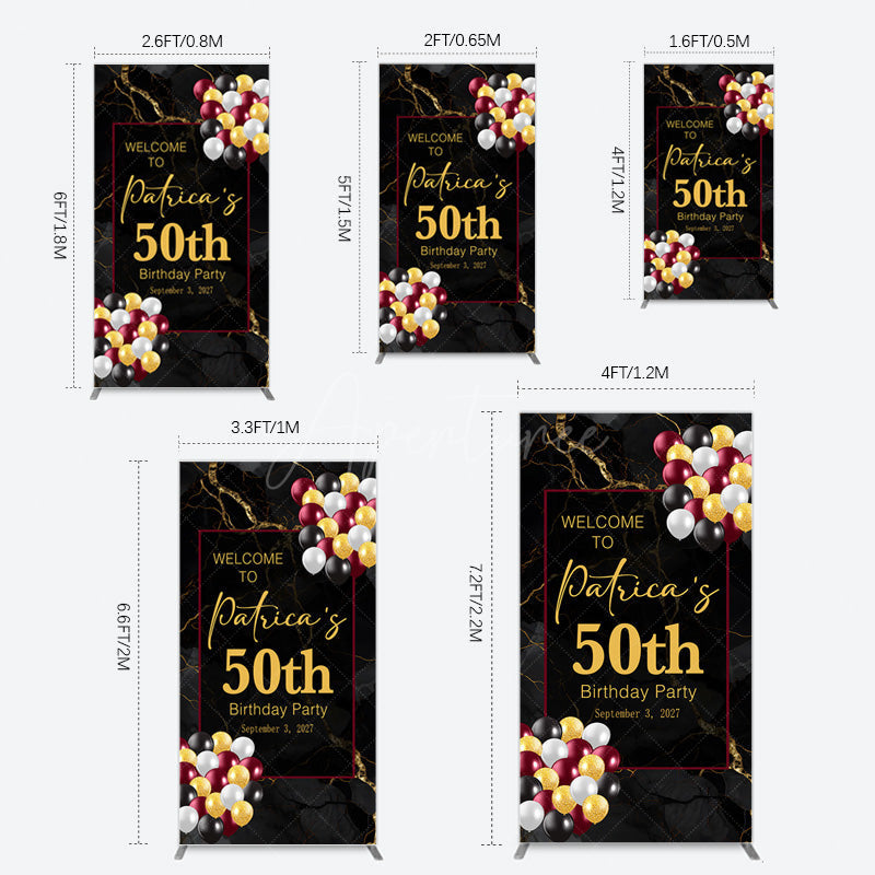 Aperturee - Aperturee Black Gold Marble Balloon 50th Birthday Rectangle Backdrop