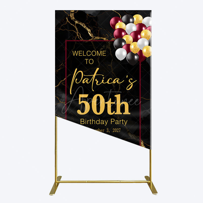 Aperturee - Aperturee Black Gold Marble Balloon 50th Birthday Rectangle Backdrop