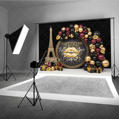 Aperturee - Aperturee Black Gold Paris Valentine Day Backdrop Gold Lips Eiffel Tower Balloons Background Luxury Photography Studio Prop