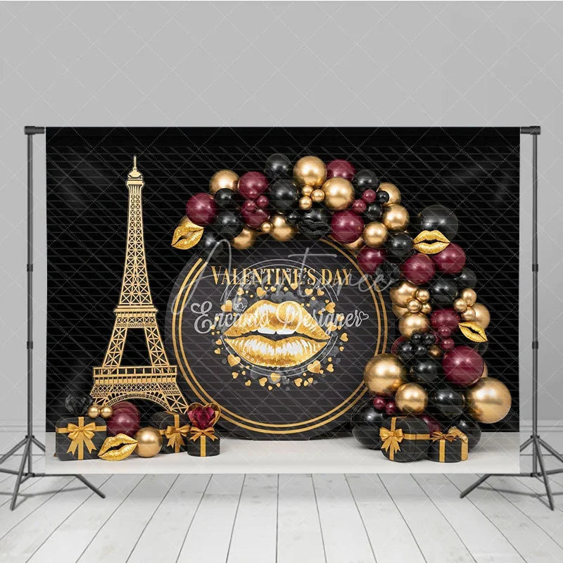Aperturee - Aperturee Black Gold Paris Valentine Day Backdrop Gold Lips Eiffel Tower Balloons Background Luxury Photography Studio Prop