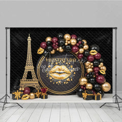 Aperturee - Aperturee Black Gold Paris Valentine Day Backdrop Gold Lips Eiffel Tower Balloons Background Luxury Photography Studio Prop