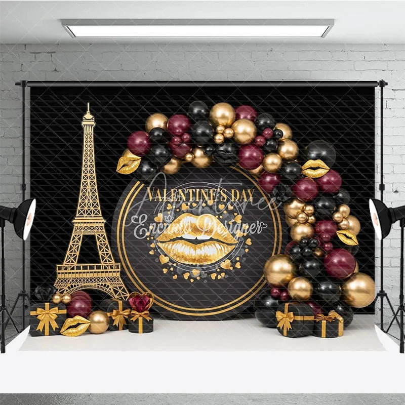Aperturee - Aperturee Black Gold Paris Valentine Day Backdrop Gold Lips Eiffel Tower Balloons Background Luxury Photography Studio Prop
