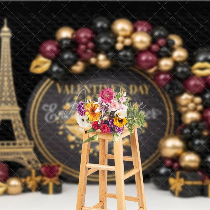 Aperturee - Aperturee Black Gold Paris Valentine Day Backdrop Gold Lips Eiffel Tower Balloons Background Luxury Photography Studio Prop