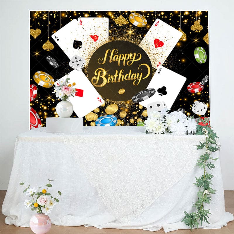Aperturee - Aperturee Black Gold Sparkle Casino Happy Birthday Backdrop